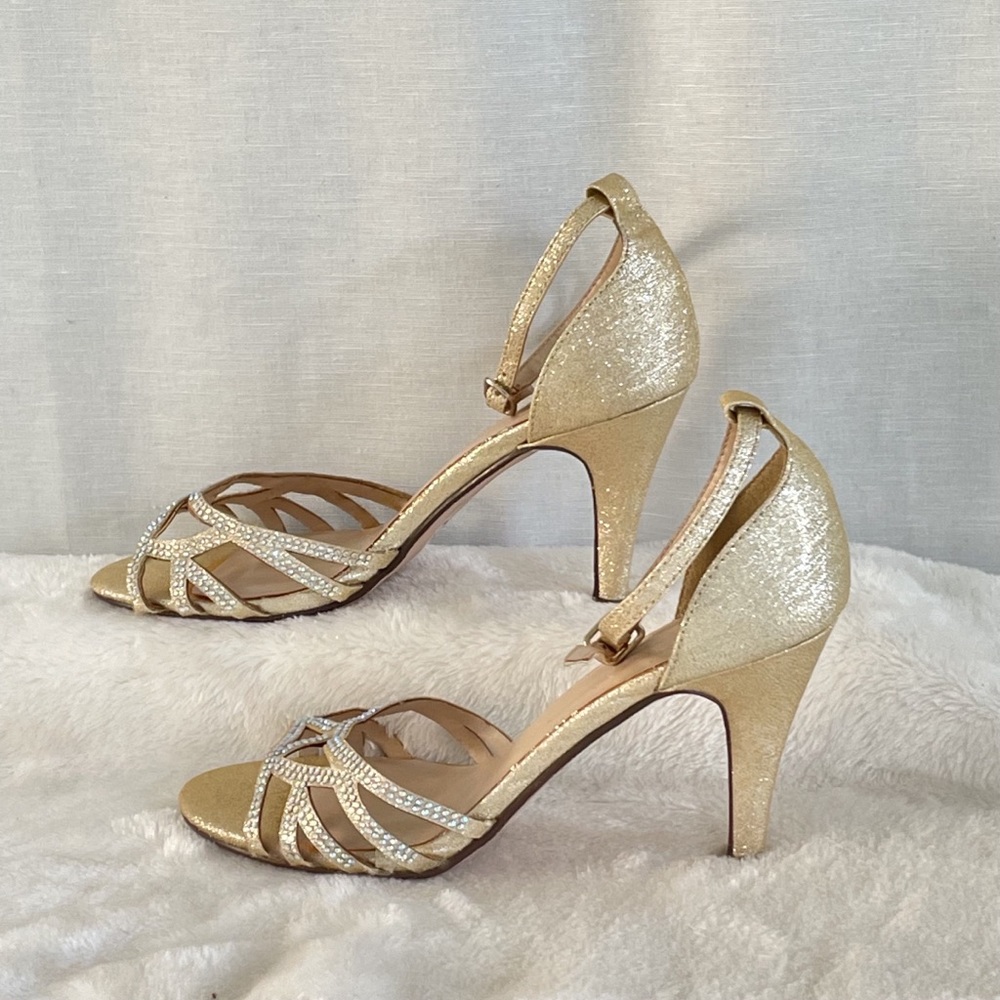 NEW Gold Sparkle Ankle Strap Heels w Rhinestones Open Toe Party Shoes Size 6.5